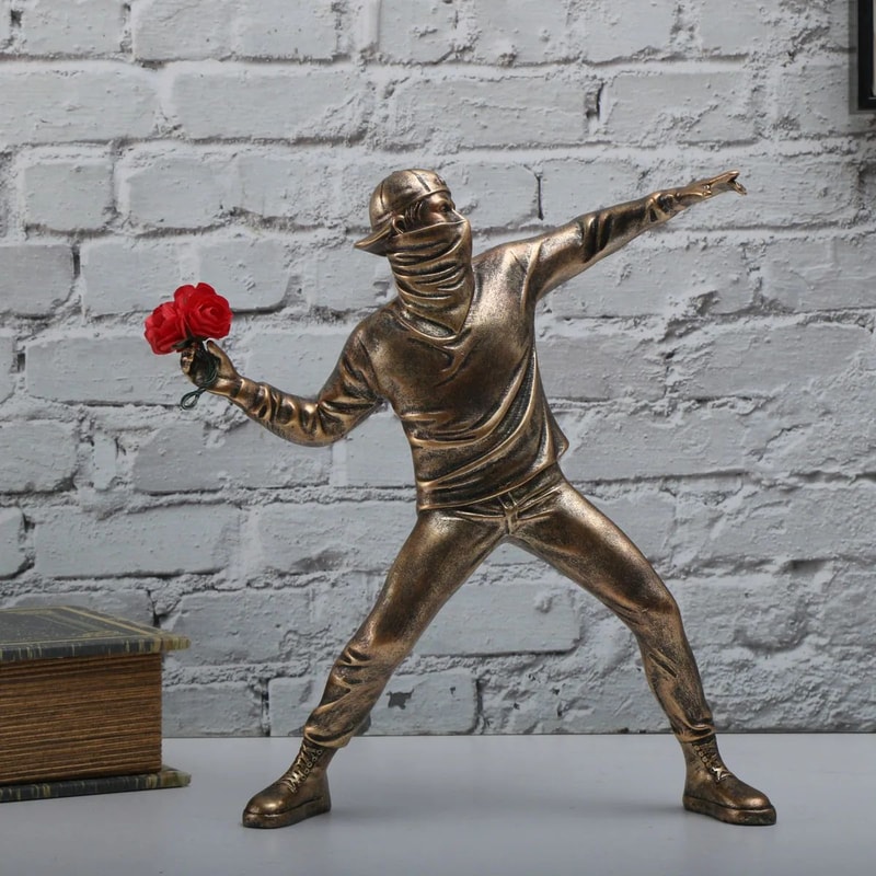 Resin BanksyInspired Flower Thrower Figurine Modern Street Art Desk Sculpture 2