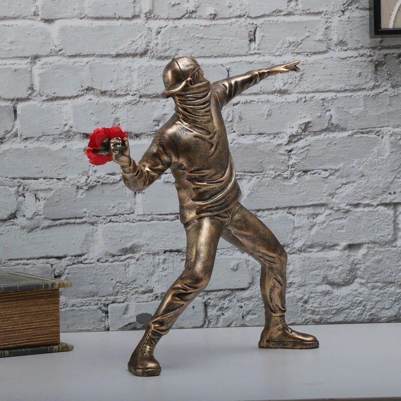 Resin BanksyInspired Flower Thrower Figurine Modern Street Art Desk Sculpture 3