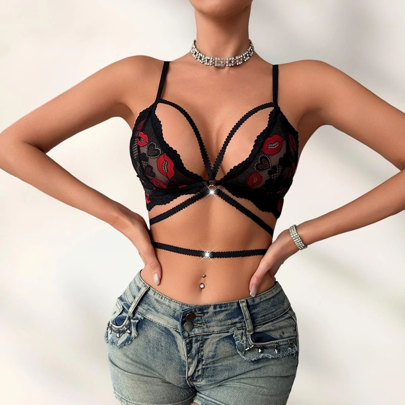 Black Lip Print 34 Cup WireFree Bra Sexy NoPad Fashion Lingerie 3