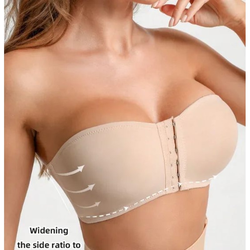 Womens Black Front Buckle Ice Silk Strapless Bra Wireless Removable Padded Traceless Bralette 6