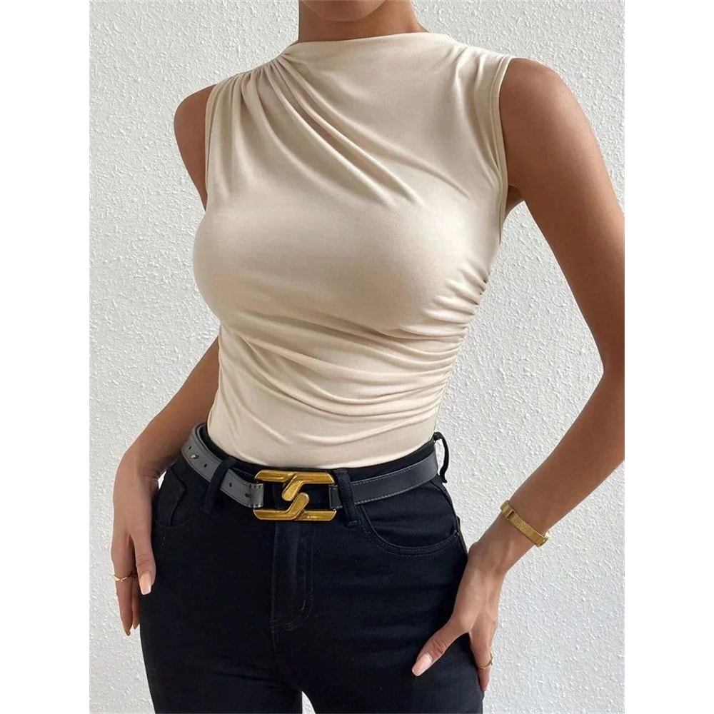 Fashion Mock Neck Ruched Tank Top Y2K Pleated Sleeveless Summer Tee For Women 3
