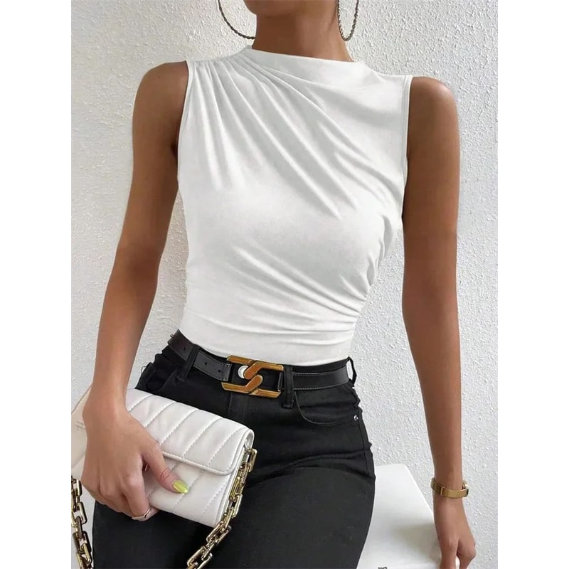 Fashion Mock Neck Ruched Tank Top Y2K Pleated Sleeveless Summer Tee For Women 7