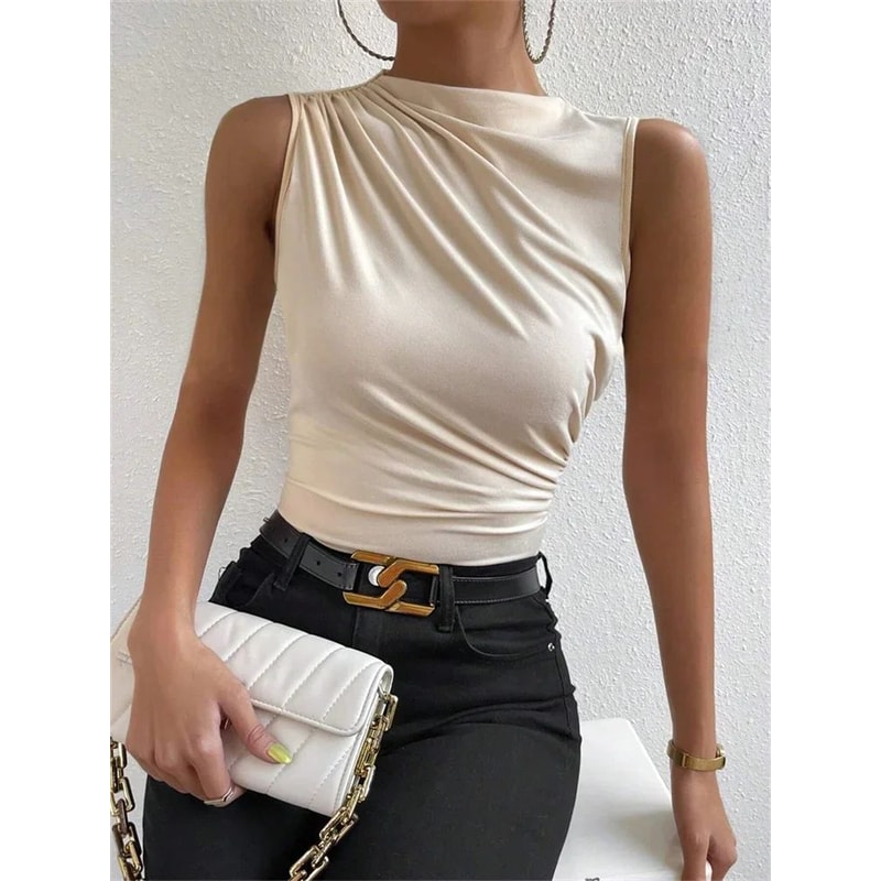 Fashion Mock Neck Ruched Tank Top Y2K Pleated Sleeveless Summer Tee For Women 8