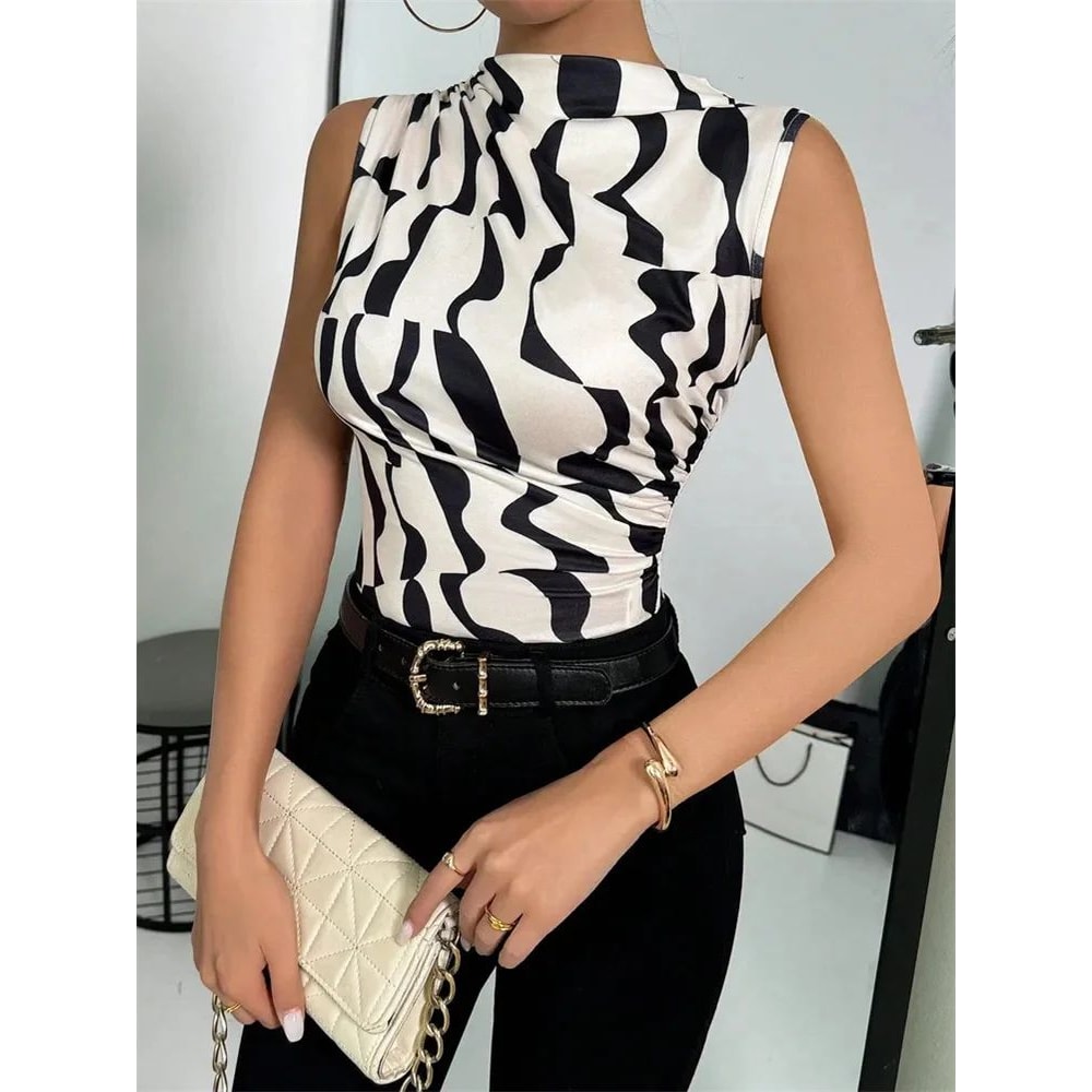 Fashion Mock Neck Ruched Tank Top Y2K Pleated Sleeveless Summer Tee For Women 10