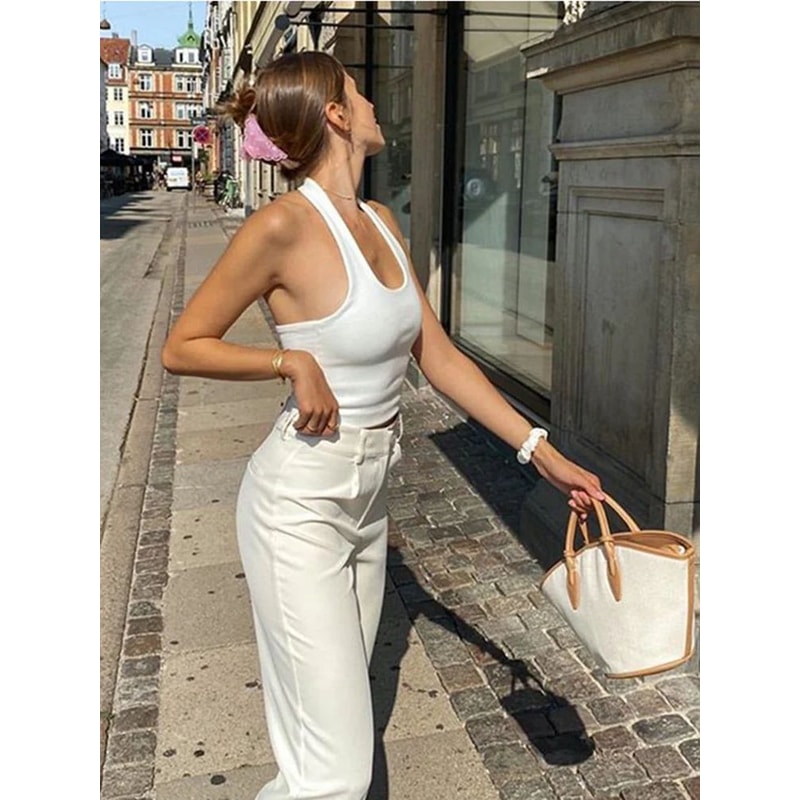 White Halter Backless Ribbed Crop Tank 2024 Streetwear Sleeveless Knit Top 4