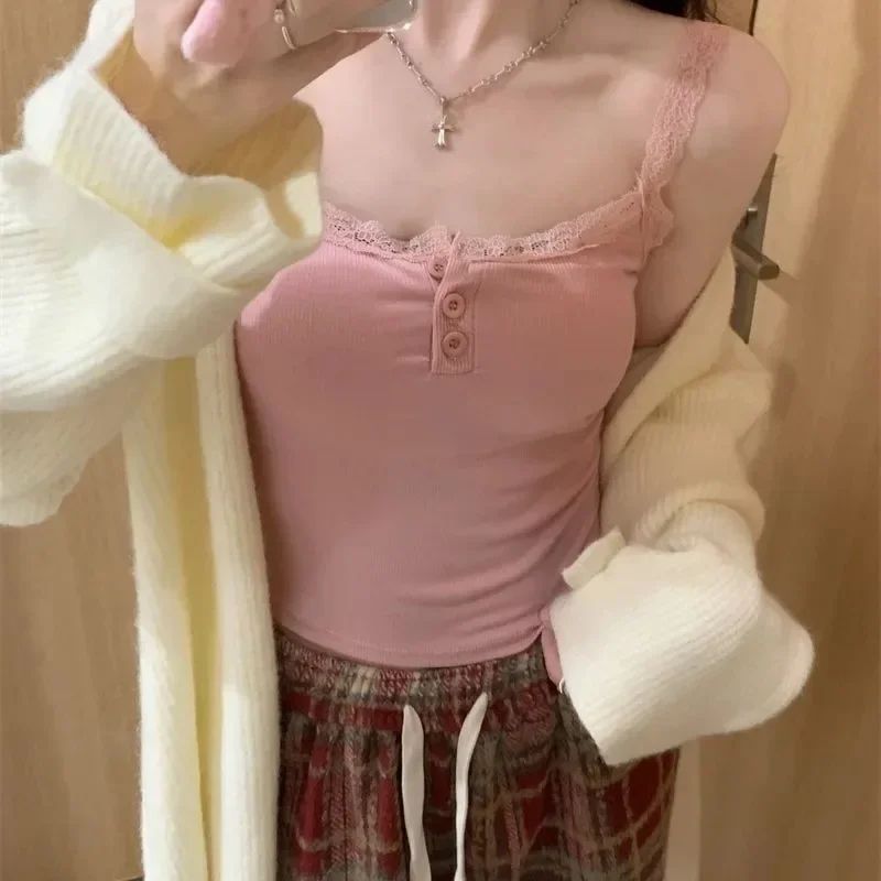 Sexy White Lace Knit Crop Tank Top With BuiltIn Chest Pad Y2K Sleeveless Slim Fit Camisole 3