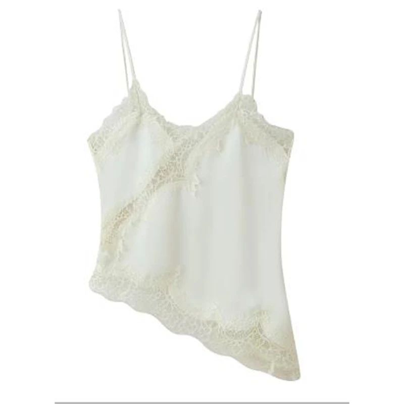 Combhasaki Floral Lace Satin HighLow Cami Asymmetrical Silk Spaghetti Strap Flowy Top 8