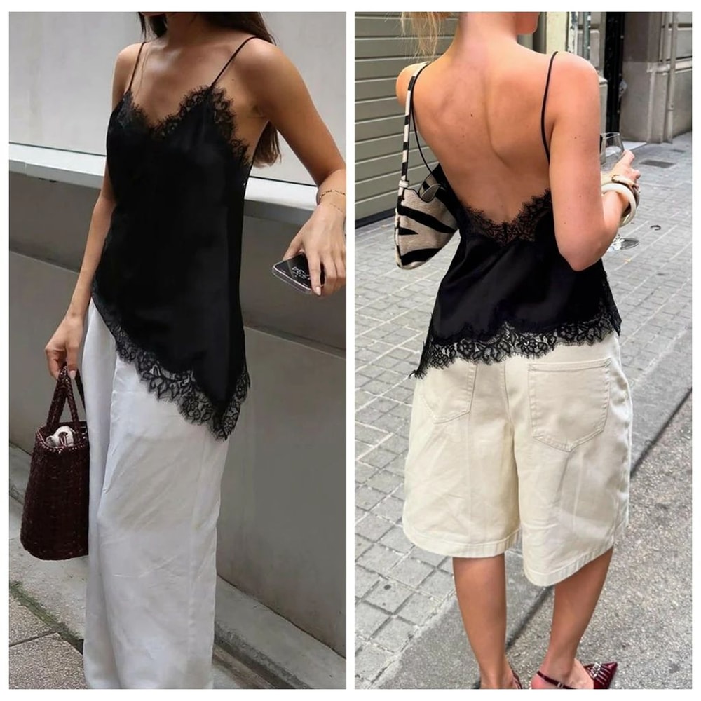 Combhasaki Floral Lace Satin HighLow Cami Asymmetrical Silk Spaghetti Strap Flowy Top 9