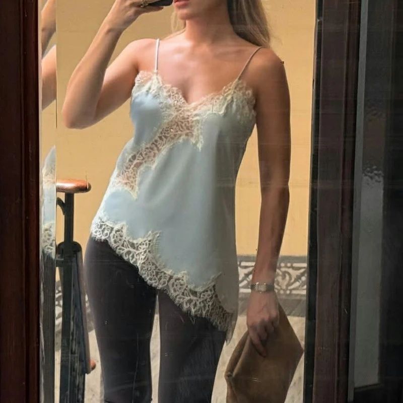 Combhasaki Floral Lace Satin HighLow Cami Asymmetrical Silk Spaghetti Strap Flowy Top 11