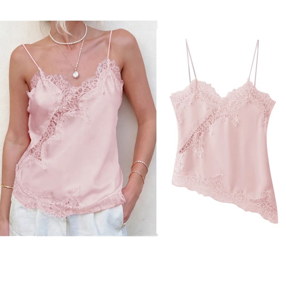 Combhasaki Floral Lace Satin HighLow Cami Asymmetrical Silk Spaghetti Strap Flowy Top 17