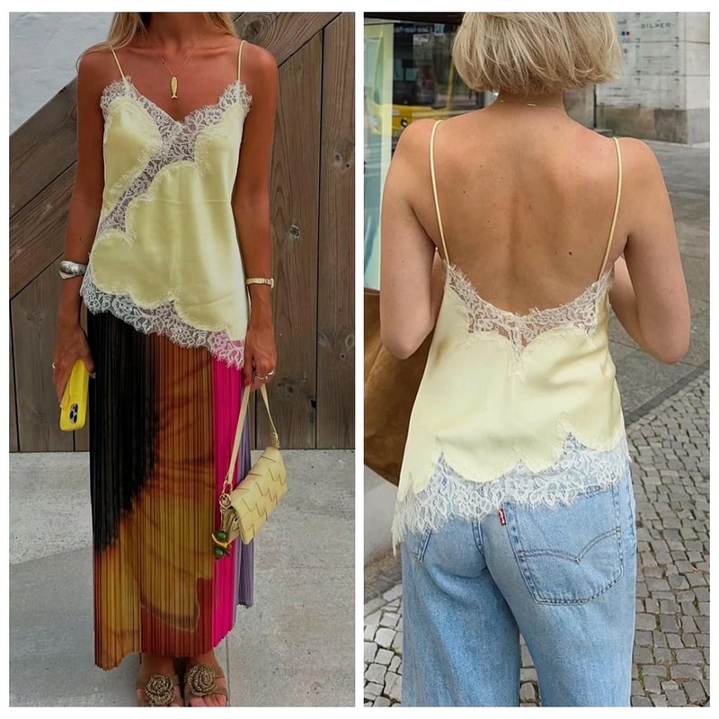 Combhasaki Floral Lace Satin HighLow Cami Asymmetrical Silk Spaghetti Strap Flowy Top 19