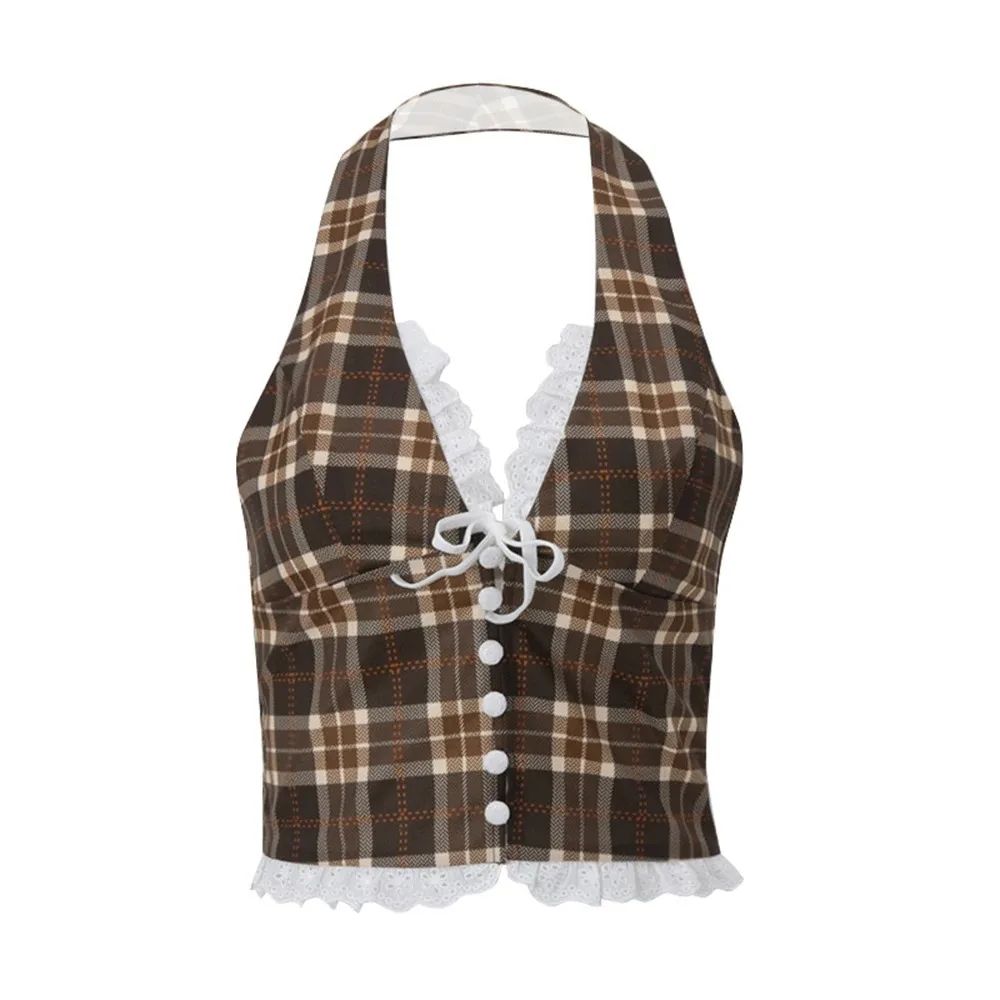 Womens Plaid Halterneck Backless Crop Top VNeck Lace Slim Bow Tank 0