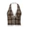 Womens Plaid Halterneck Backless Crop Top VNeck Lace Slim Bow Tank 0