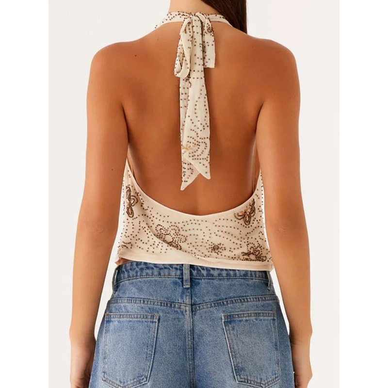 Backless Lace VNeck Tank Top For Women Embroidered Beaded Halter Summer Blouse 2