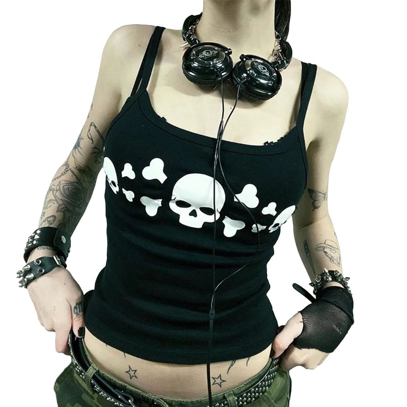 Womens Vintage Skull Print Goth Tank Top Backless Low Cut Grunge Camisole 5