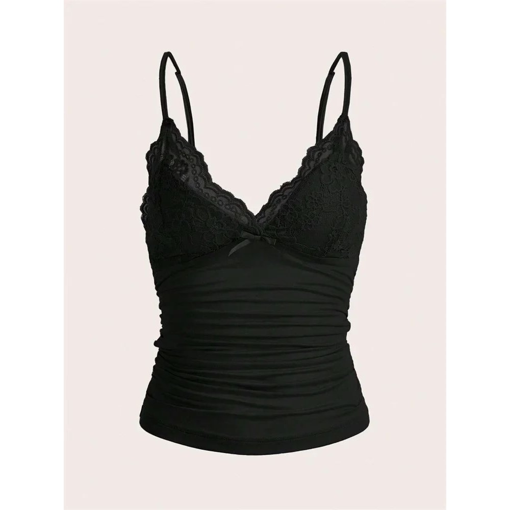 Sexy Lace Bow Front Crop Cami Top Ruched Backless Y2K Grunge Summer Tank 0