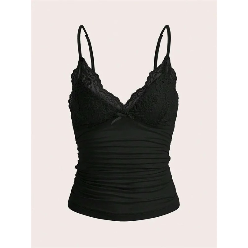 Sexy Lace Bow Front Crop Cami Top Ruched Backless Y2K Grunge Summer Tank 0