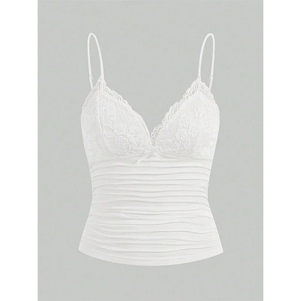 Sexy Lace Bow Front Crop Cami Top Ruched Backless Y2K Grunge Summer Tank 2