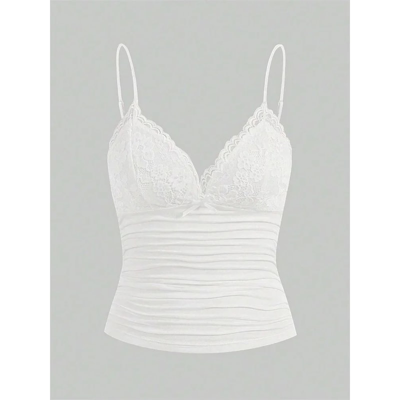 Sexy Lace Bow Front Crop Cami Top Ruched Backless Y2K Grunge Summer Tank 2