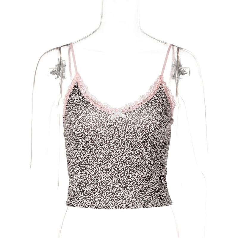 Leopard Print Lace Bow Crop Cami Y2K Slim Fit Festival Party Top 4
