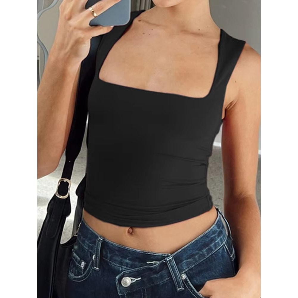 Womens Sleeveless Collar Crop Tank Top Y2K High Stretch Summer Essential 2