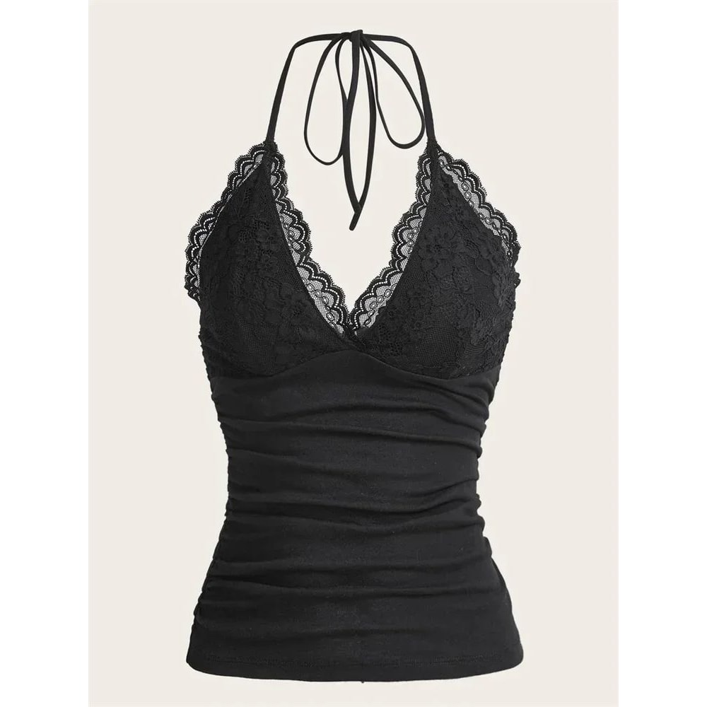 Lace VNeck Halter Backless Crop Top Ruched Y2K Grunge Goth Cami 0