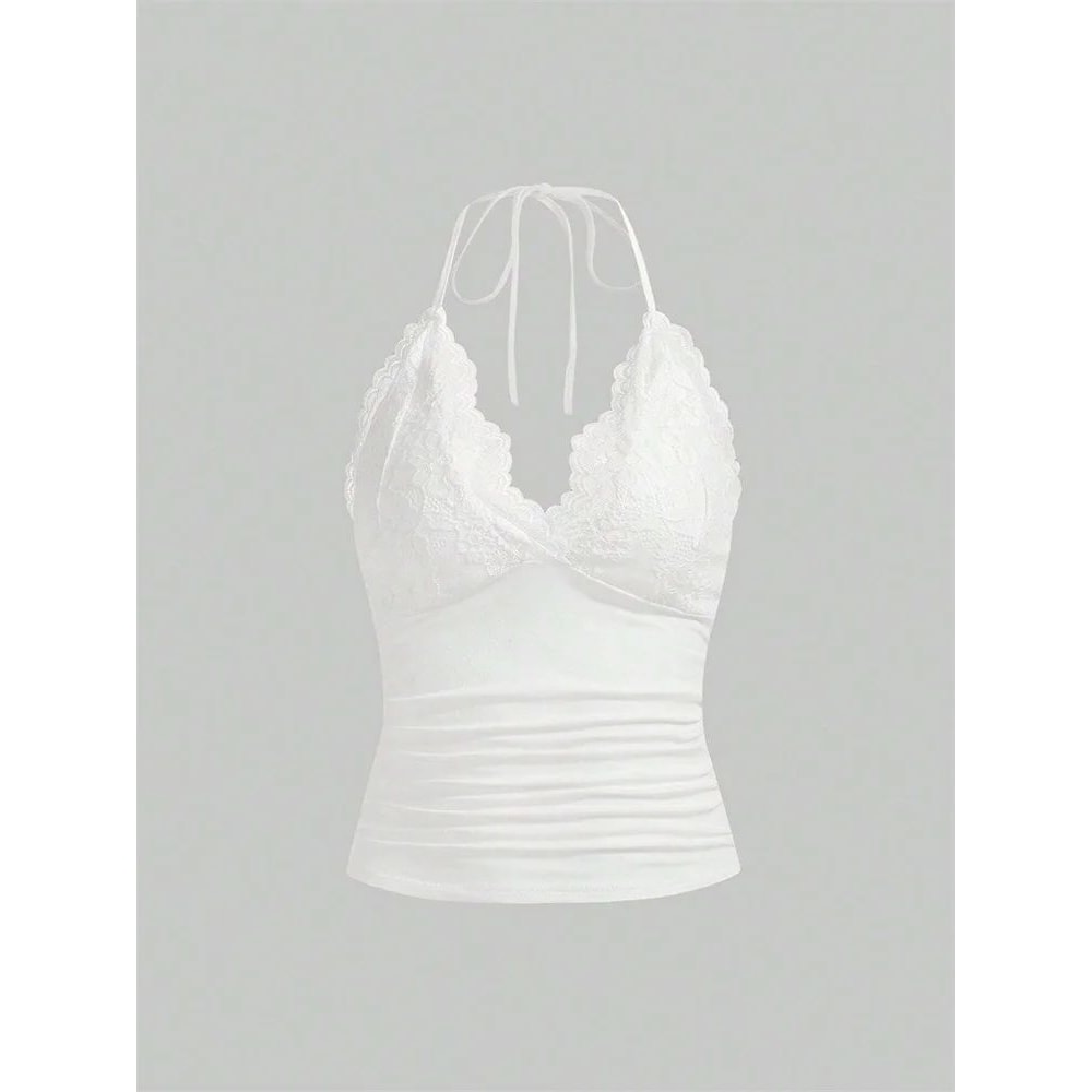 Lace VNeck Halter Backless Crop Top Ruched Y2K Grunge Goth Cami 4