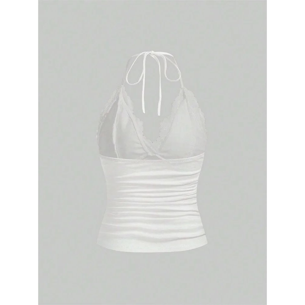 Lace VNeck Halter Backless Crop Top Ruched Y2K Grunge Goth Cami 5