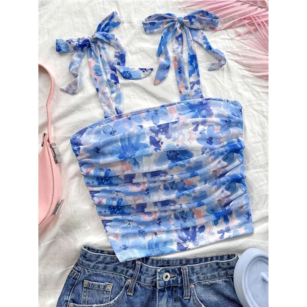 Solid Tie Shoulder Ruched Crop Cami Y2K Backless Bow Streetwear Top 10