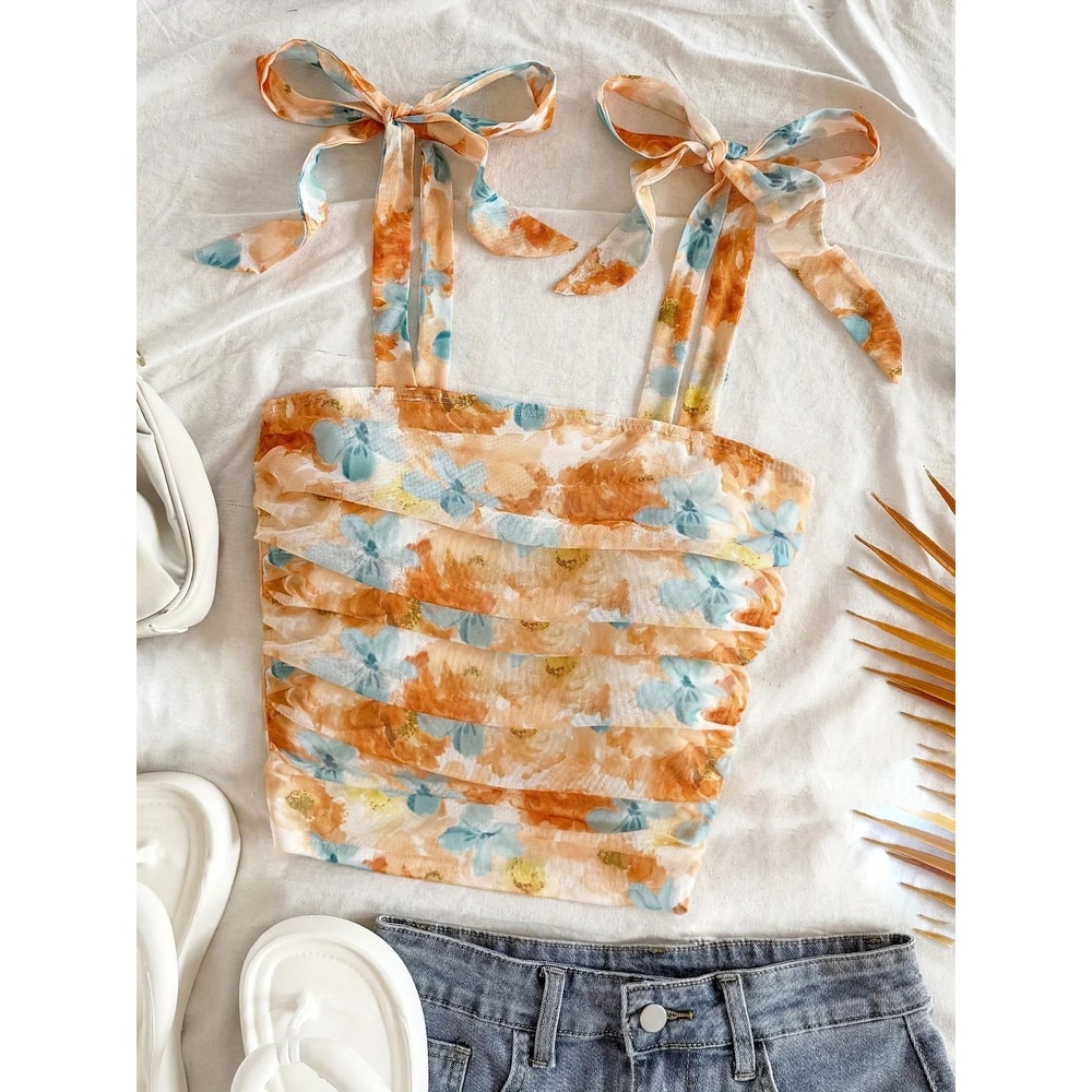 Solid Tie Shoulder Ruched Crop Cami Y2K Backless Bow Streetwear Top 12