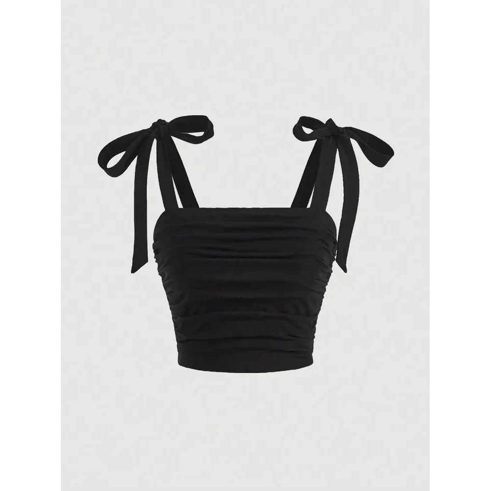 Solid Tie Shoulder Ruched Crop Cami Y2K Backless Bow Streetwear Top 8