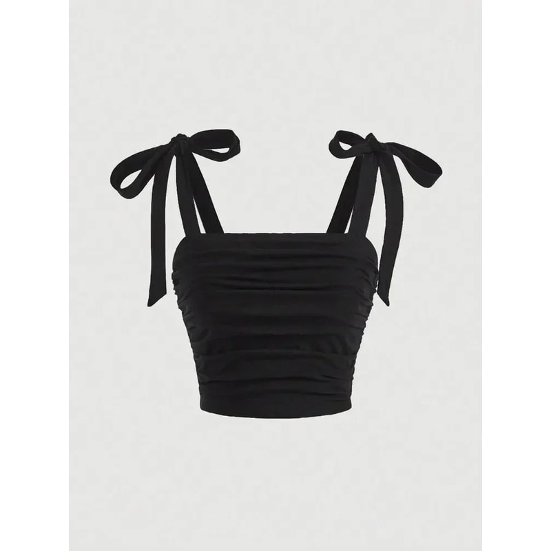 Solid Tie Shoulder Ruched Crop Cami Y2K Backless Bow Streetwear Top 8