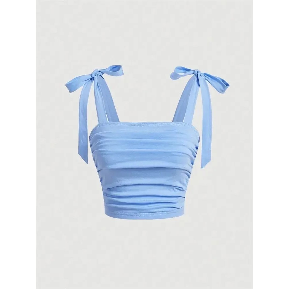 Solid Tie Shoulder Ruched Crop Cami Y2K Backless Bow Streetwear Top 9