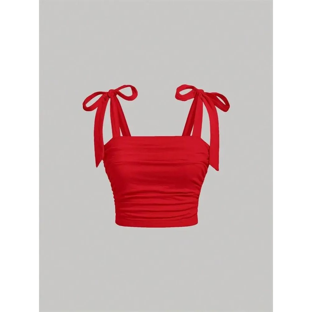 Solid Tie Shoulder Ruched Crop Cami Y2K Backless Bow Streetwear Top 13