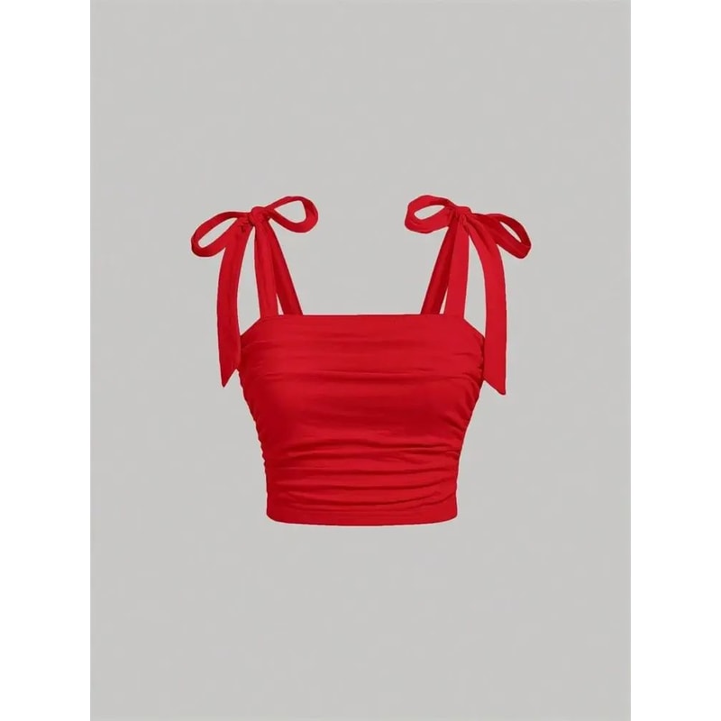 Solid Tie Shoulder Ruched Crop Cami Y2K Backless Bow Streetwear Top 13