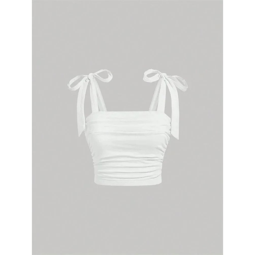 Solid Tie Shoulder Ruched Crop Cami Y2K Backless Bow Streetwear Top 14