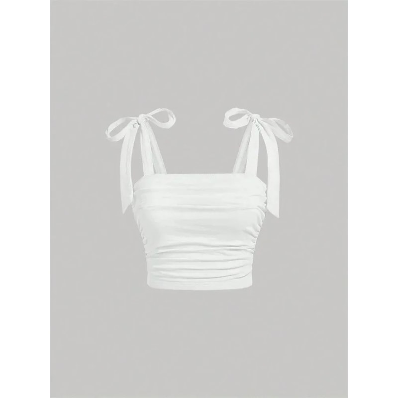 Solid Tie Shoulder Ruched Crop Cami Y2K Backless Bow Streetwear Top 14