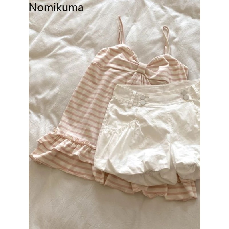 Japanese Sweet Striped Ruffle Tank Top Vintage Slim Fit Summer Vest 2