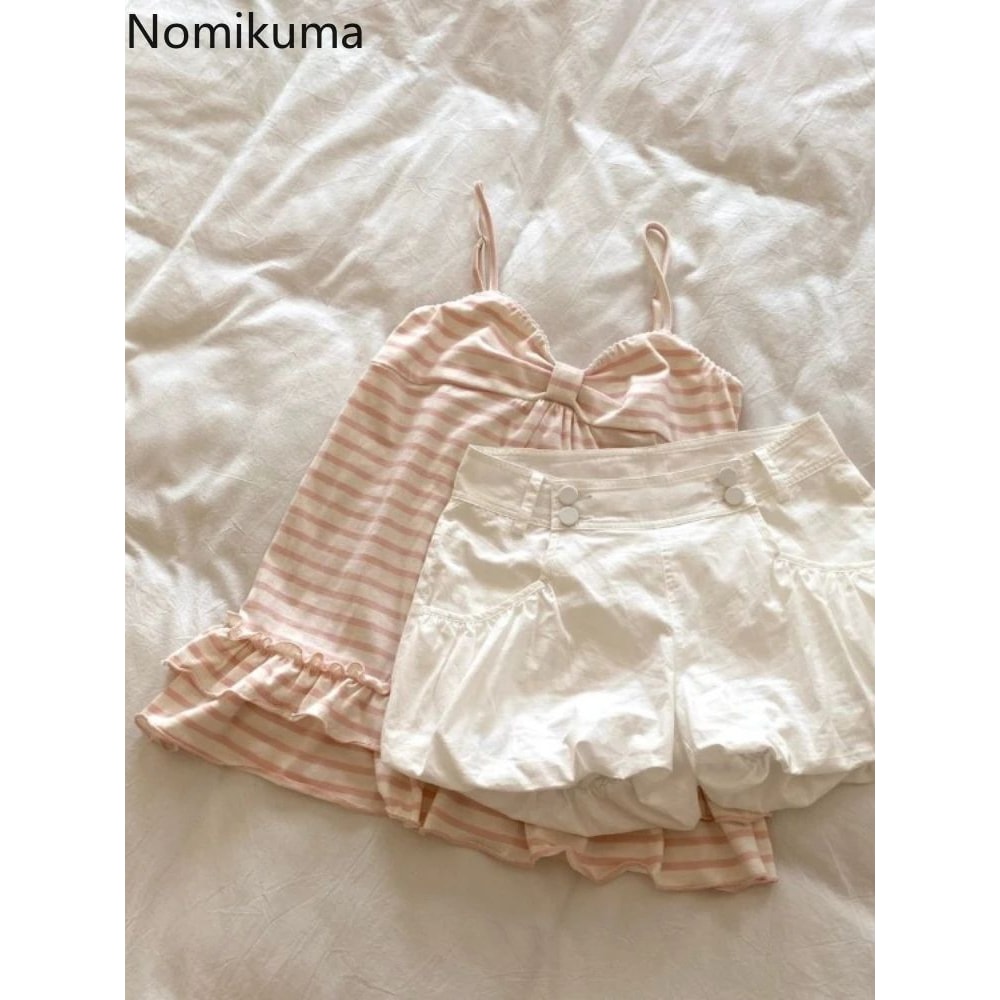 Japanese Sweet Striped Ruffle Tank Top Vintage Slim Fit Summer Vest 5