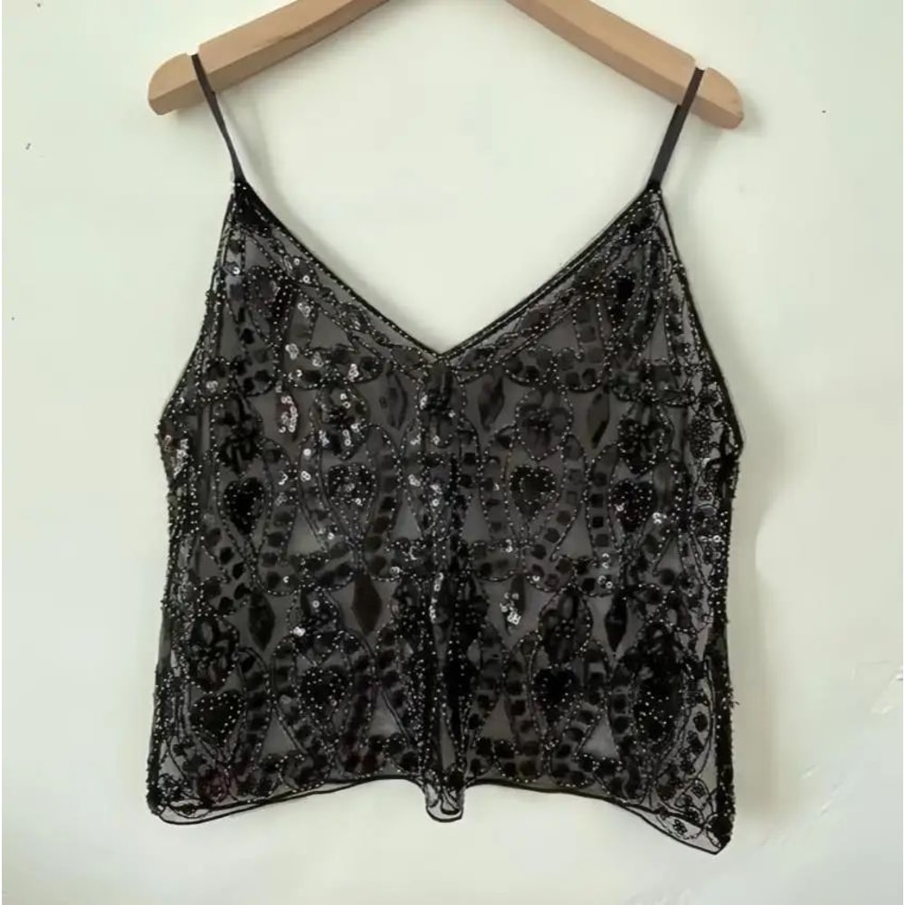 Sequin Beaded Flower OpenBack VNeck Cami Sheer Chic Summer Vest 2