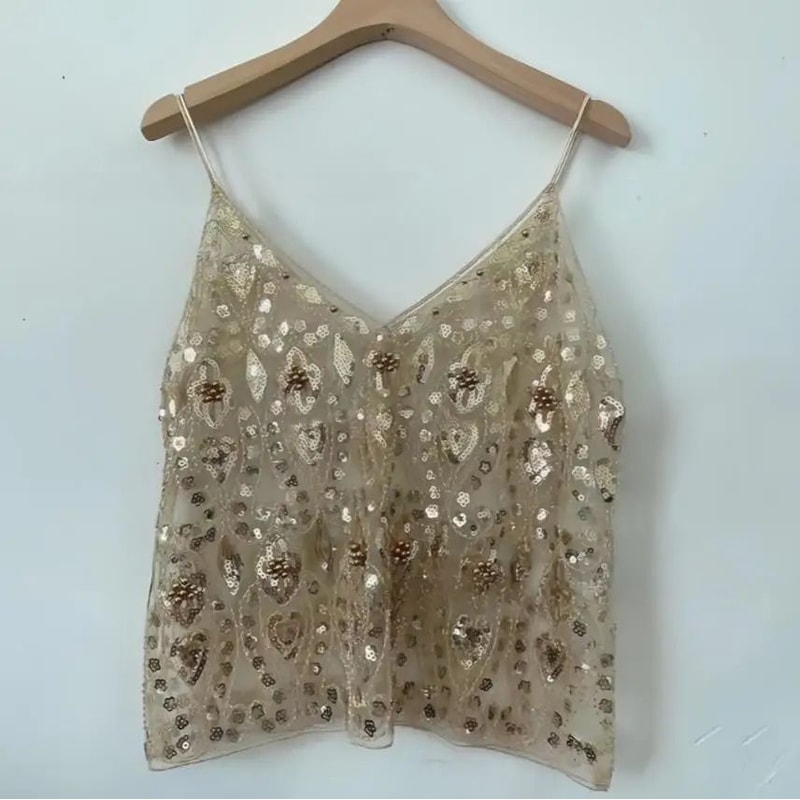 Sequin Beaded Flower OpenBack VNeck Cami Sheer Chic Summer Vest 3