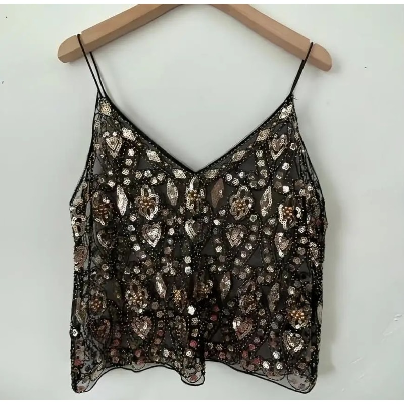 Sequin Beaded Flower OpenBack VNeck Cami Sheer Chic Summer Vest 6