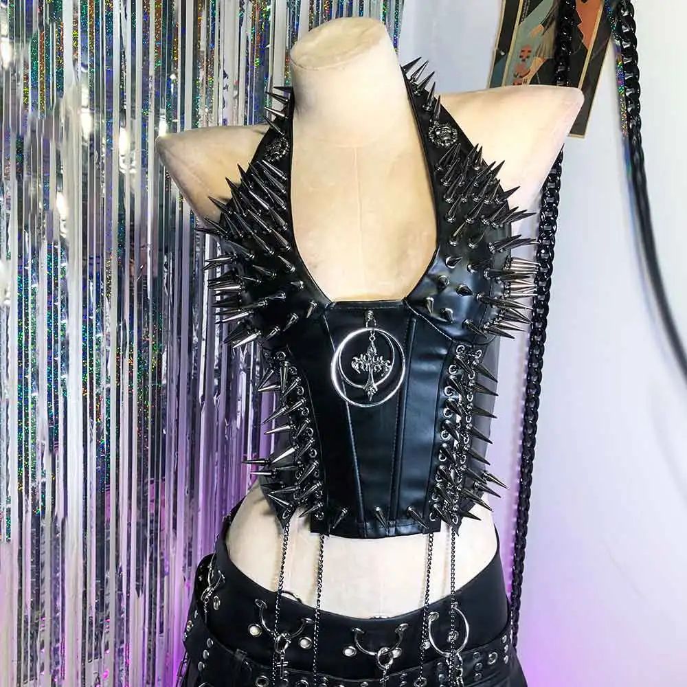 Gothic PU Leather Spike Tank Top Rivet Y2K Cyber Punk Crop 9