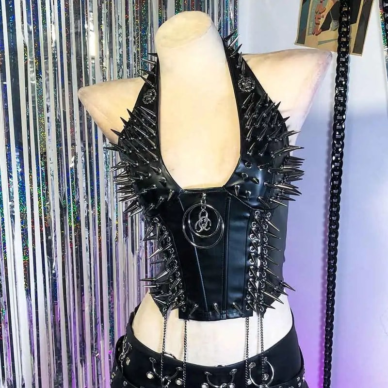 Gothic PU Leather Spike Tank Top Rivet Y2K Cyber Punk Crop 10