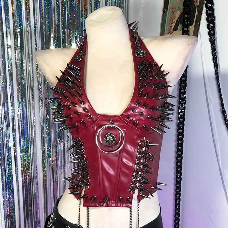 Gothic PU Leather Spike Tank Top Rivet Y2K Cyber Punk Crop 11
