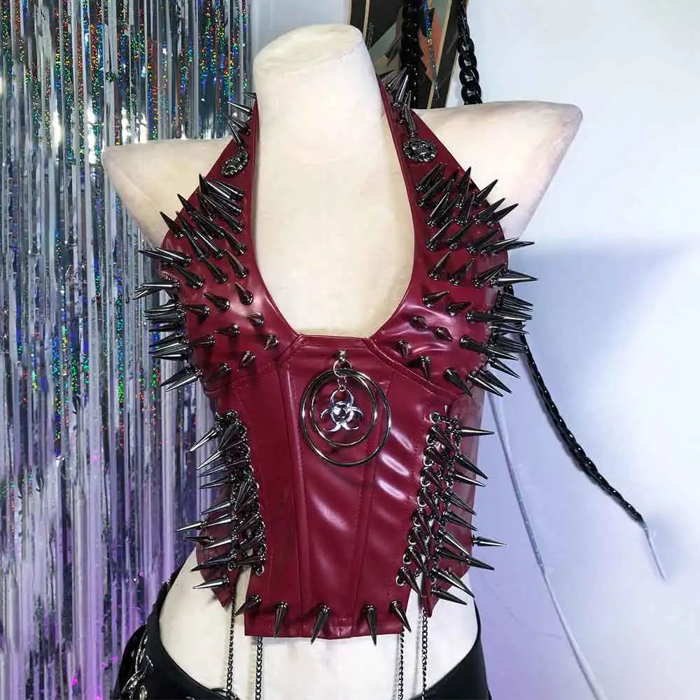 Gothic PU Leather Spike Tank Top Rivet Y2K Cyber Punk Crop 13