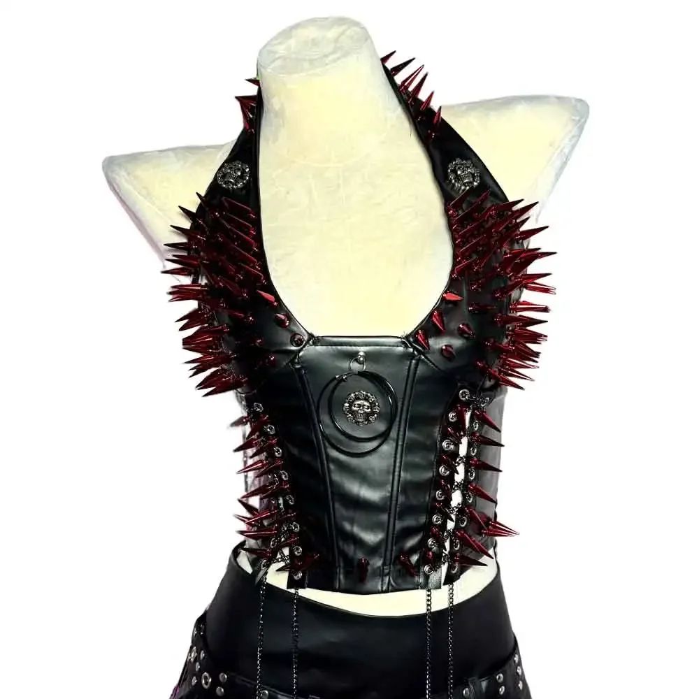 Gothic PU Leather Spike Tank Top Rivet Y2K Cyber Punk Crop 14