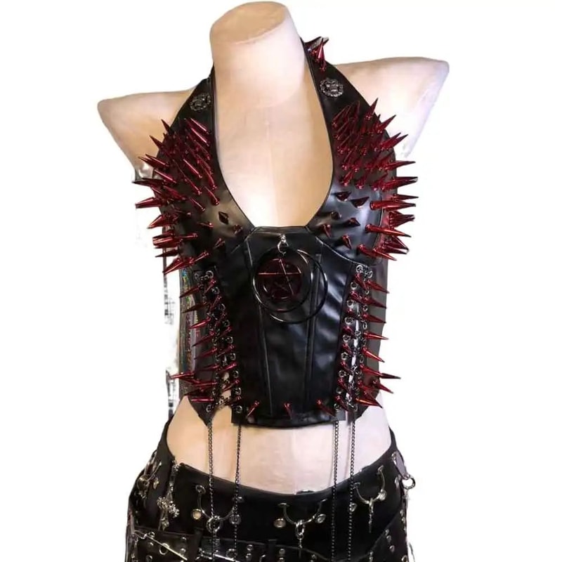 Gothic PU Leather Spike Tank Top Rivet Y2K Cyber Punk Crop 15
