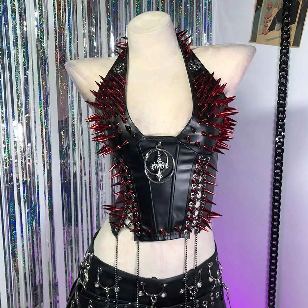 Gothic PU Leather Spike Tank Top Rivet Y2K Cyber Punk Crop 16