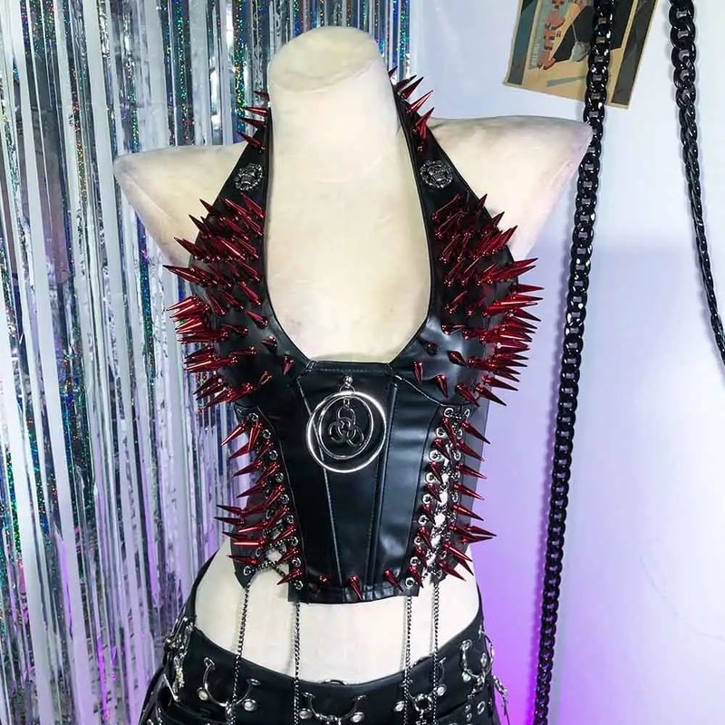 Gothic PU Leather Spike Tank Top Rivet Y2K Cyber Punk Crop 17